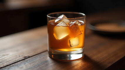 whiskey sour cocktail sits atop smooth dark wood background ice cubes gently melting soft natural light surrounded subtle