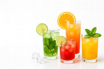 Refreshing summer cocktails drinks with orange lime and mint on white