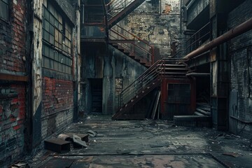 Derelict industrial interior showing decay, rusty staircases, and scattered debris, evoking a sense of abandonment and urban exploration