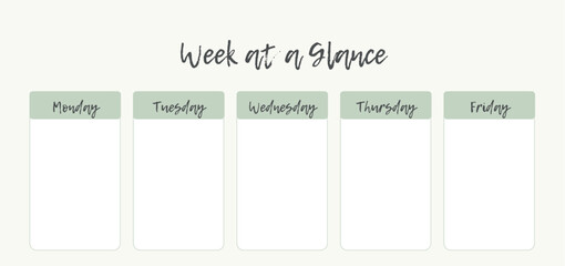 A minimal and elegant weekly planner template featuring five columns labeled Monday through Friday, designed for organizing tasks at a glance.