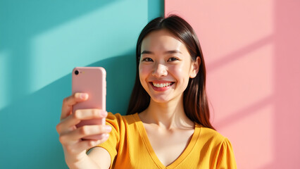 young woman holds smartphone framing vibrant wall amused expression soft natural light casting