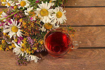 Medicinal herbal tea or infusion with medicinal herbs, the concept of alternative folk medicine, advertising of a green pharmacy, a collection of useful herbs for treatment according to folk recipes,