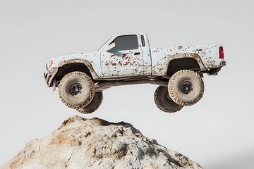 Off-road truck jumping over a hill in desert terrain for extreme adventure and travel