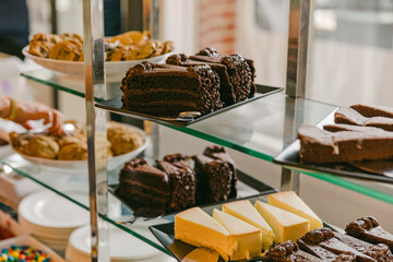 Delicious dessert display featuring cakes and cookies at a bakery