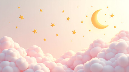soft pastel hues fade whimsical fluffy clouds smiling stars twinkle amidst gentle moonlit sky set warm creamy white