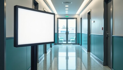 Modern corridor with blank advertising digital display and doors  