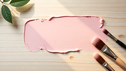 soft pastel hues gouache paint spill across minimalist wooden surface surrounded flat lay brushes natural textures subtle shadows