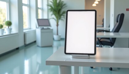 Fototapeta premium Blank tablet on office desk with modern furnishings and greenery 