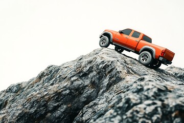 Orange pickup truck climbing a rocky mountain, off-road adventure and vehicle design