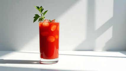 vibrant bloody mary mix appears stark white countertop surrounded eerily calm surroundings soft natural light subtle