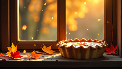 warm golden light illuminates cooling autumn pie weathered wooden windowsill surrounded fluttering fallen leaves muted shades