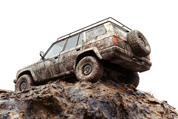 Off-road vehicle climbs muddy hill during an outdoor adventure. Automotive transport and extreme terrain