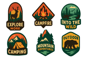 Vintage Outdoor Adventure Badge Set, Retro Camping and Nature Patches with Tent, Fire, Bear, Mountains, Deer and Forest Designs – Perfect for Stickers, Patches, T-Shirts and Adventure Graphics