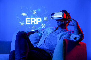A businessman experiences the future of enterprise resource planning through a virtual reality...