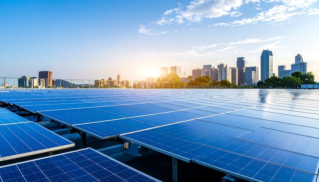 Solar panels on a rooftop overlooking a city skyline at sunrise