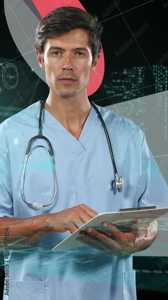 Poster animation of data processing over businessman using tablet