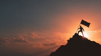 business, success, leadership, achievement and people concept - silhouette of businessman with flag on mountain top over sky and sun light background, no logos, no brands