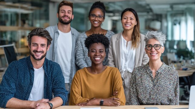 Portrait of a smiling group of diverse corporate colleagues standing in a row together at a table in a bright modern office, no logos, no brands