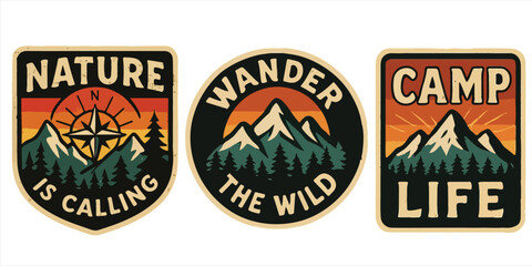 Nature Badge Trio,  Retro Outdoor Patches with Mountains, Compass & Camping Quotes – Perfect for Stickers, Patches, T-Shirts & Wilderness Adventure Designs

