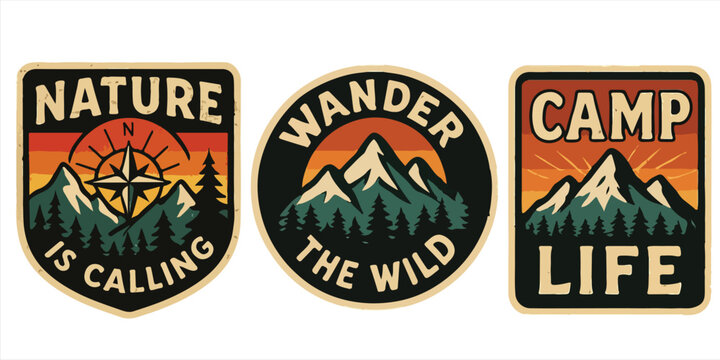 Nature Badge Trio,  Retro Outdoor Patches with Mountains, Compass & Camping Quotes &ndash; Perfect for Stickers, Patches, T-Shirts & Wilderness Adventure Designs


