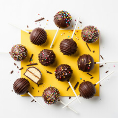 Overhead playful shot of chocolate-dipped cake pops arranged on vibrant yellow background, with sprinkles and chocolate shavings copy