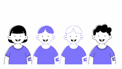 Illustration of diverse group of children smiling together in purple shirts vector art design drawing image