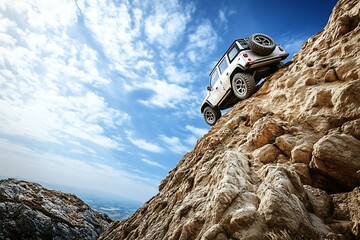 White SUV Climbing Steep Rocky Mountain Against Blue Sky for Adventure and Exploration
