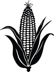 corn, ear, maize, cob, leaves, black, white, graphic, illustration, design, simple, vector, food, agriculture, harvest, plant, stalk, kernel, monochrome, clipart, outline, drawing, isolated, organic, 