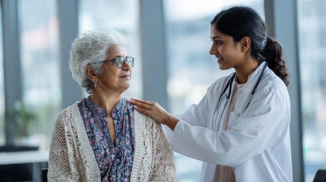 Happy young Indian doctor therapist in white coat has appointment consulting supporting putting hand on shoulder of older senior female patient in modern clinic hospital. Medical healthcare concept., - Powered by Adobe