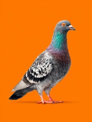 Obraz premium Close-up of a colorful pigeon with iridescent feathers, standing confidently against a vibrant orange backdrop, capturing urban wildlife.
