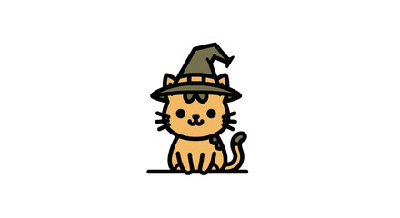 Cute cartoon cat wearing a witch's hat, sitting on a simple line border.