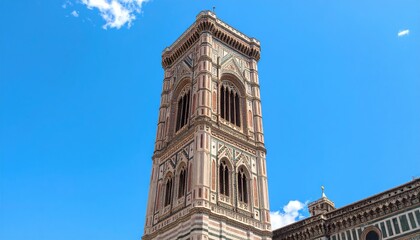 Architectural detail of a tall tower against a clear blue sky
