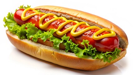 A variety of grilled fast food hot dogs on buns with savory mustard and bright red ketchup