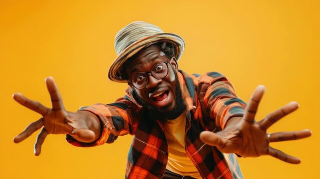 A person in a hat and glasses makes a gesture, possibly indicating thought or consideration