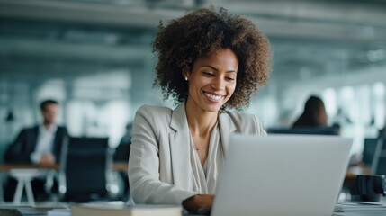 Smiling young African American businesswoman working on a laptop at her desk in a bright modern office with colleagues in the background, no logos, no brands