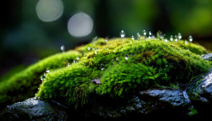 a close up view of lush dew kissed moss growing on a dark rock