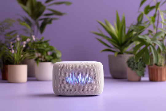 Minimalist AI smart speaker with soundwave screen surrounded by plants and pastel lavender wall in soft natural lighting