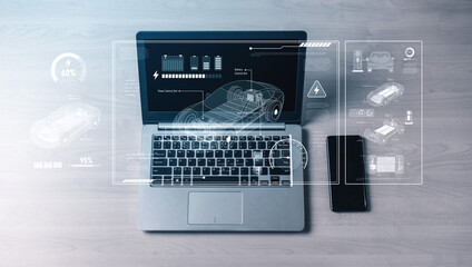 Technical layout of electric vehicle showing battery system, power control, traction motor,...