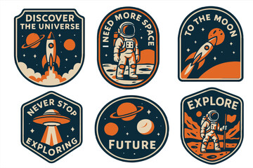 Vintage Space Exploration Badge Set, Retro Astronaut, Rocket, Planet and UFO Designs with Quotes. Perfect for Stickers, Patches, T-Shirts and other designs