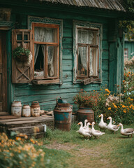 Urokliwa zielona, drewniana chatka babci na wsi. Po podwórku radośnie biegają białe gąski, tworząc sielski, nostalgiczny krajobraz rodem z dawnych lat.