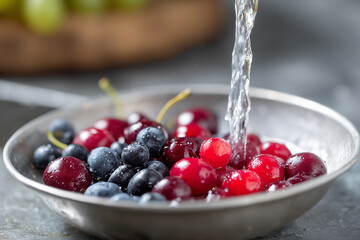 Fresh cherries and blueberries being washed with crystal clear water, close-up, healthy eating concept