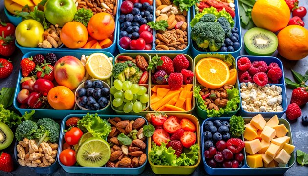 Colorful assortment of healthy food in containers