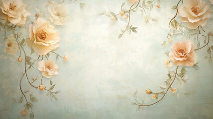 Ethereal floral vintage wallpaper with fantasy-style flowers and ornamental vines, balanced colors and soft lighting, elegant and timeless digital print