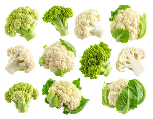Fresh Organic Cauliflower Heads with Green Leaves, isolated on a transparent background
