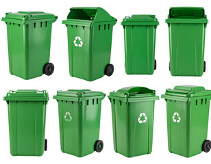 Multiple Views of Green Garbage Bin for Recycling, isolated on a transparent background