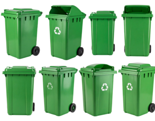 Multiple Views of Green Garbage Bin for Recycling, isolated on a transparent background