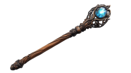 Vintage magical staff with intricate wooden design and glowing blue gemstone on top decorative metal key on white background