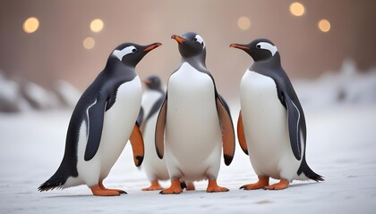 Fototapeta premium Gentoo penguins gather in a snowy scene, creating a charming group portrait.