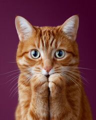 Ginger cat with surprised expression, cute domestic feline on plum background