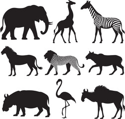 African savanna animals silhouettes elephant giraffe zebra lion wildebeest flamingo vector